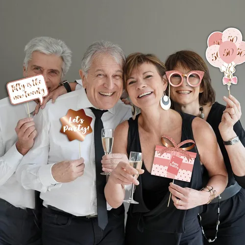 Miniatura 3 de Accesorios y letreros para cabina de fotos de fiesta de cumpleaños número 50, color oro rosa 50, kit de accesorios para selfies con palos para niñas