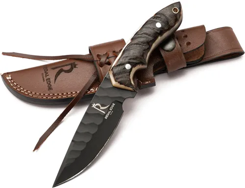 Cuchillo de hoja fija – Cuchillo de caza de 9" recubierto en negro con punta de gota con funda de cuero - Espiga completa de acero al carbono de