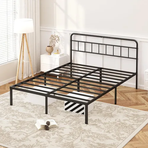 Miniatura 5 de Kujielan Marco de cama tamaño Queen de 12 pulgadas con cabecera minimalista, base de plataforma de metal con listones de metal fuertes, base