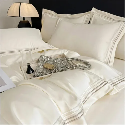 Miniatura 3 de ADovz Juego de ropa de cama de algodón de fibra larga, tamaño Queen, King, color sólido, funda de edredón plana/ajustable, sábana de almohada