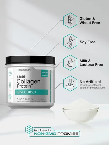Miniatura 5 de Horbäach Proteína en polvo multicolágeno de 16 onzas Tipo I, II, III, V, X Sin sabor para hombres y mujeres Suplemento sin OMG, sin gluten