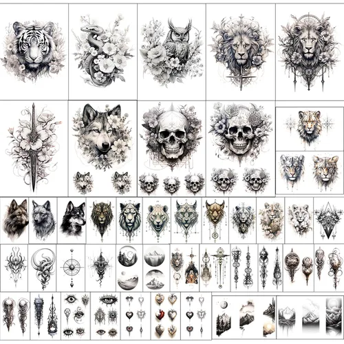 Miniatura 2 de GLARYYEARS Tatuaje temporal para hombres adultos, paquete de 44 tatuajes realistas de tamaño grande y pequeño, calcomanías de tatuaje falso de larga