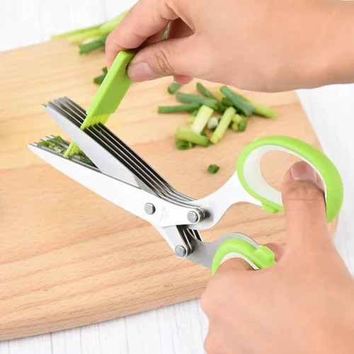 Miniatura 7 de Juego de tijeras gourmet para hierbas multiusos con 5 cuchillas de acero inoxidable, pelador de hierbas, peine de limpieza de cubierta de seguridad