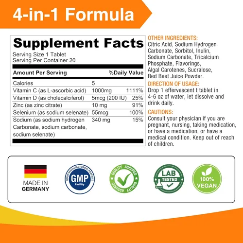 Miniatura 8 de LOVITA Comprimidos efervescentes de apoyo inmunológico 4 en 1 de defensa de vitamina C, 20 unidades, VIT D3, zinc, selenio, soporte antioxidante