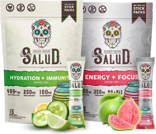 Salud - Paquete de 2 | Hidratación 2 en 1 + inmunidad (lima de pepino) y energía + enfoque (guayaba) – 15 porciones cada una, mezcla de bebida Agua