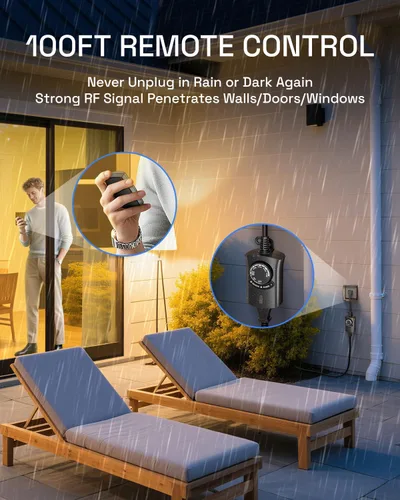 Miniatura 5 de HBN - Temporizador de luz exterior con control remoto, temporizador de sensor de luz impermeable, alcance inalámbrico de 100 pies, 1 toma de tierra