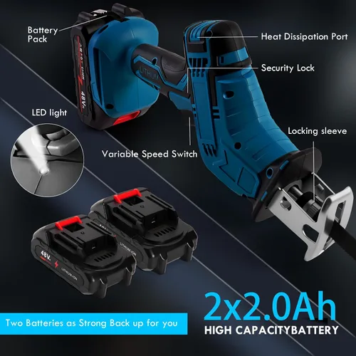 Miniatura 4 de Sierra recíproca inalámbrica, velocidad variable 3000 RPM motor sin escobillas con 8 hojas de sierra, 2 baterías de 2.0 Ah, luz LED, cambio de hoja
