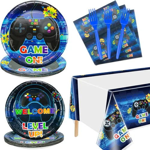 Suministros para fiesta de videojuegos, sirve para 20 - 81 piezas, platos, servilletas, mantel, tenedores, set de decoraciones para fiesta de