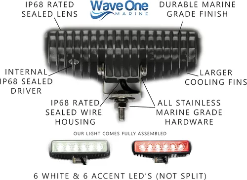 Miniatura 3 de Wave One Marine luz de LED de doble color para barco esparcidora de cubierta con haz de inundación, hardware y soporte de acero inoxidable IP68