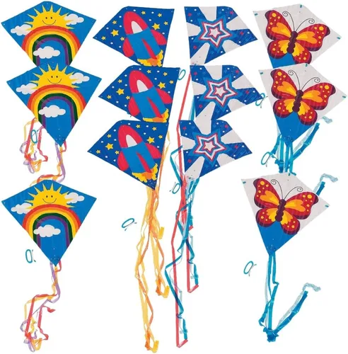 Fun Express - Paquete surtido de cometas voladoras de 28 x 28 pulgadas con colas de 54 pulgadas, estilos y colores surtidos, 200 pies de cuerda con