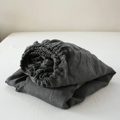 Sábana bajera de 100 % lino lavado a la piedra, color sólido – (1 pieza) funda de colchón de 14 pulgadas de profundidad suave, natural y Gris Oscuro