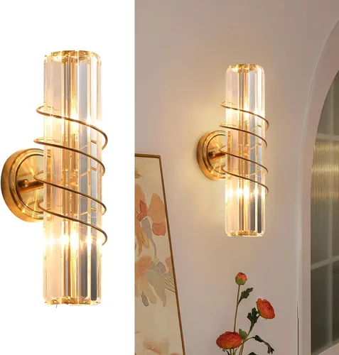 Aplique de pared de cristal con 2 luces de latón vintage de mediados de siglo, iluminación de pared de latón dorado para interiores, lámpara de