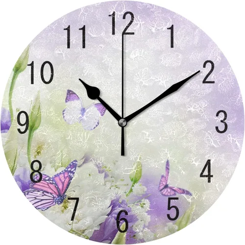 ALAZA Decoración del hogar Hermosa flor mariposa redondo acrílico 9.5 pulgadas reloj de pared sin tictac silencioso arte para sala de estar, cocina,