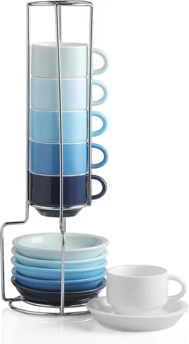 Sweejar Juego de tazas y platillos de porcelana para expreso, tazas demitasse apilables con soporte de metal, 2.5 onzas para café con leche, café,