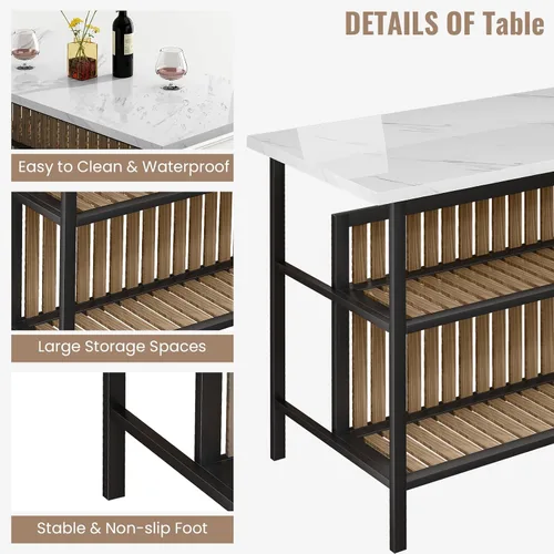 Miniatura 8 de AWQM Isla de cocina con asiento y estante de almacenamiento, mesa de isla de mármol sintético para cocina, mesa de bar moderna y sillas para 2