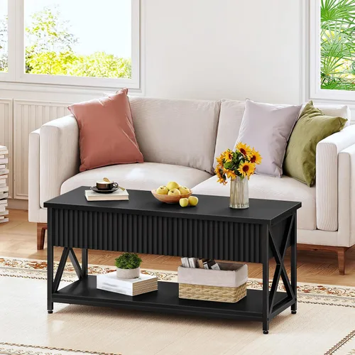 Miniatura 4 de CHOEZON Mesa auxiliar elevable de 39.4 pulgadas, mesa de centro acanalada con compartimento oculto y estante de almacenamiento, mesa elevadora