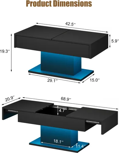 Miniatura 2 de Mesa de café negra moderna con almacenamiento oculto para sala de estar, mesa central rectangular de sala de estar con tapa deslizante y luces LED