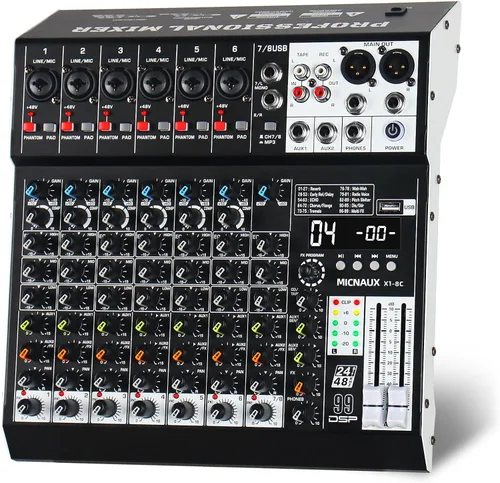 Miniatura 12 de Mezclador de audio de 4 canales, consola mezcladora de sonido profesional con 99 efectos DSP, mezclador de DJ pequeño con USB, Bluetooth, fuente