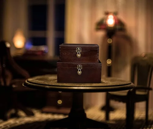Miniatura 5 de Juego de 2 cajas de almacenamiento de madera con cerradura y llaves, caja decorativa de madera para recuerdos con tapa con bisagras, cofre