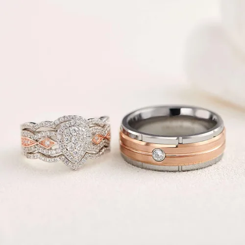 Miniatura 4 de Newshe Jewellery Juego de anillos de boda para él y ella, AAAAA, circonita cúbica, bandas de tungsteno para hombre y mujer, plata de ley 925, oro