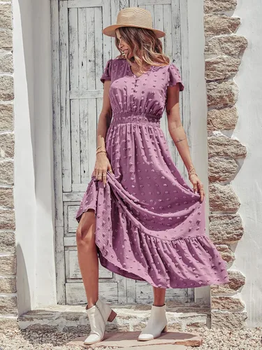 Miniatura 4 de PRETTYGARDEN - Vestido bohemio de manga corta con cuello en V y plumetí con volantes, vestido maxi fruncido de cóctel