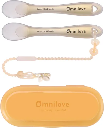 Miniatura 9 de Juego de cucharas de silicona para bebés de 2 piezas con estuche, cuchara para autoalimentación de recién nacido, suministros para destete guiado