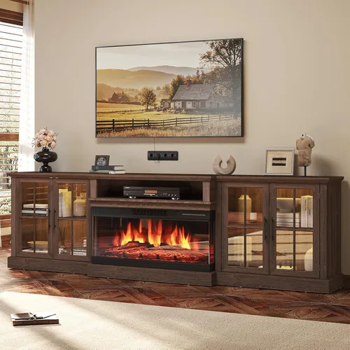 Miniatura 8 de Mueble de TV de estilo granja de 98" con chimenea de 36" para televisores de hasta 100", centro de entretenimiento multimedia con estantes Blanco