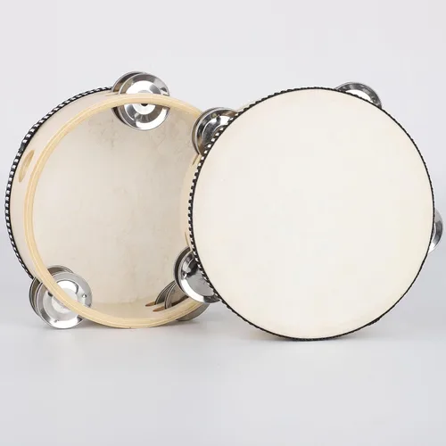 Miniatura 5 de LIEKE Pandereta de 6 pulgadas de piel de cabra tambor de mano con 4 pares de jingles de metal de doble fila para iglesia, música, aula, baile