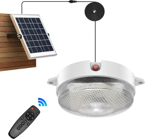 Luz solar de techo con sensor de movimiento, regulable 6000 K/4000 K/3200 K, 5 modos disponibles durante el día, luces solares de cobertizo con