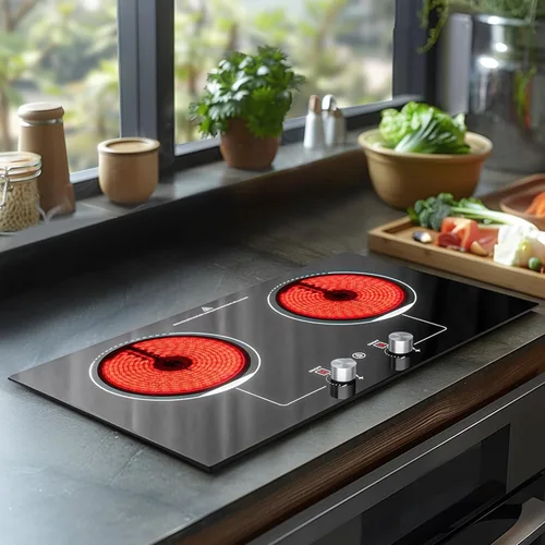 ADVWIN Placa de cocina eléctrica, perilla de control de 2 quemadores, enchufe en estufa eléctrica de cerámica integrada con bloqueo de seguridad