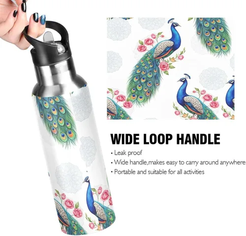 Miniatura 4 de Stainless Steel Vacuum Insulated Water Bottle 20 Oz, BPA-Free Sport Water Bottle for Gym Outdoor Travel School, Peacocks Blue Green Feathers
