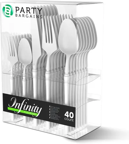 Miniatura 25 de Party Bargains Juego de cubiertos negros de plástico desechable, utensilios de diseño moderno infinito, paquete de 40: 16 tenedores, 8 cuchillos, 16
