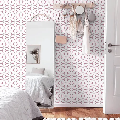 Miniatura 2 de Heroad Papel tapiz de color rosa moderno para despegar y pegar, papel de contacto bohemio geométrico rosa para armarios y cajones, apto