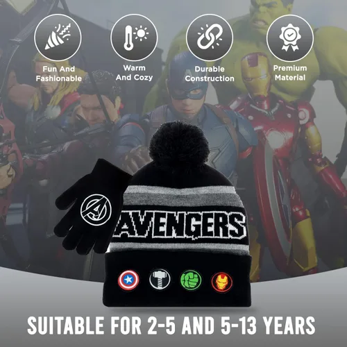 Miniatura 3 de Marvel Avengers - Juego de sombreros de invierno y guantes de nieve para niños y niños pequeños con lindos guantes y gorro suave pompones esponjosos
