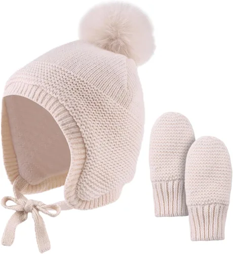JANGANNSA Básico invierno bebé niños Beanie guantes de punto niñas sombrero con pompón orejeras forro polar cálido niños sombreros mitones