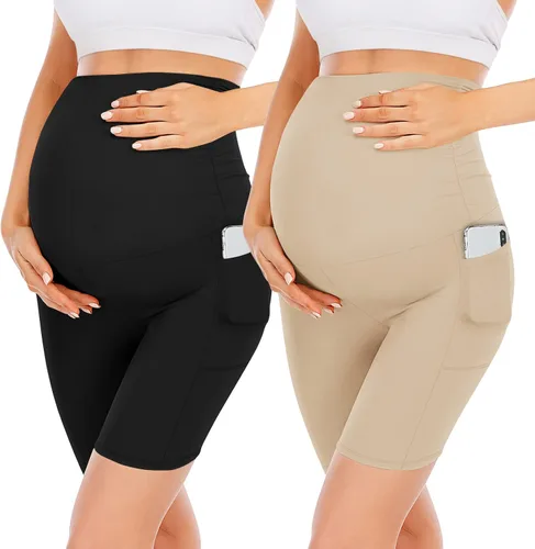 YOLIX Paquete de 2 pantalones cortos de maternidad sobre el vientre, cintura alta, negro, entrenamiento, 8 pulgadas, pantalones cortos de ciclismo