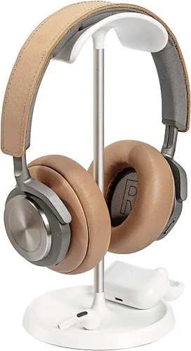 Soporte para auriculares, soporte curvo con bandeja de almacenamiento, soporte para auriculares de base pesada para AirPods Max, AirPods, AirPods