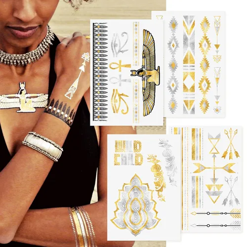 Flash Tattoos CHILD OF WILD - Auténticos tatuajes metálicos de joyería temporal, paquete de 4 hojas (negro/oro/plata) Incluye más de 27 tatuajes