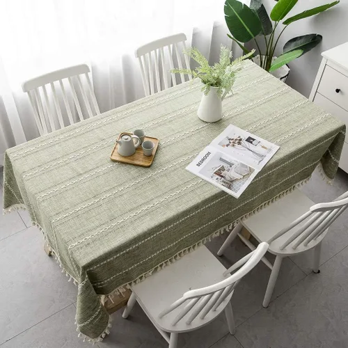 Miniatura 9 de Pahajim Mantel de lino rústico rectangular con borlas a rayas de algodón para mesa de cocina y comedor, cuadrada, 55 x 55 pulgadas, 4 asientos Azul