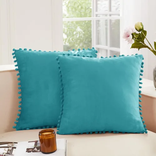 Miniatura 17 de Deconovo Juego de 2 fundas de almohada de terciopelo, 26 x 26 pulgadas, color azul, suaves pompones cuadrados con funda de cremallera oculta