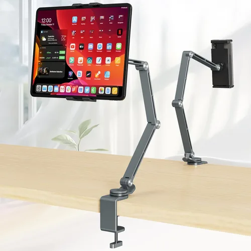 Houele Soporte y Base para Tableta, Brazo Plegable Ajustable para Tableta iPad Soporte de Escritorio con Base Giratoria de 360°, Soporte para Gris