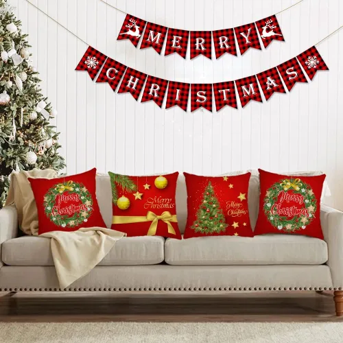 Miniatura 6 de Juego de 4 fundas de almohada de Navidad de 12 x 12 pulgadas, fundas de almohada de terciopelo de Navidad, fundas de almohada doradas y rojas