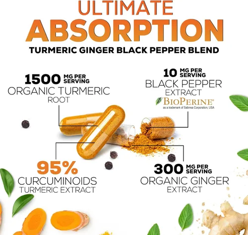 Miniatura 6 de Cúrcuma Curcumina con BioPerine & Jengibre 95% Curcuminoides 1950mg – Pimienta Negra para Absorción, Hecho en Estados Unidos, apoyo inmunológico