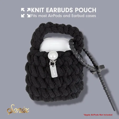 Miniatura 5 de Sonix Bolsa de punto para auriculares Llavero de ganchillo Estuche de almacenamiento para AirPods con accesorio de silicona extraíble Negro