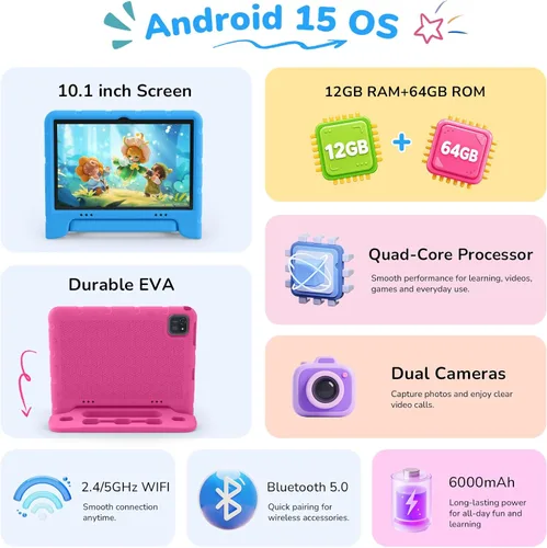 Miniatura 3 de EDDBNi Tableta para Niños Android 14 Tableta de 10 Pulgadas Tabletas para Niños con Estuche Núcleo Cuádruple 64GB Cámara Dual Controles Parentales