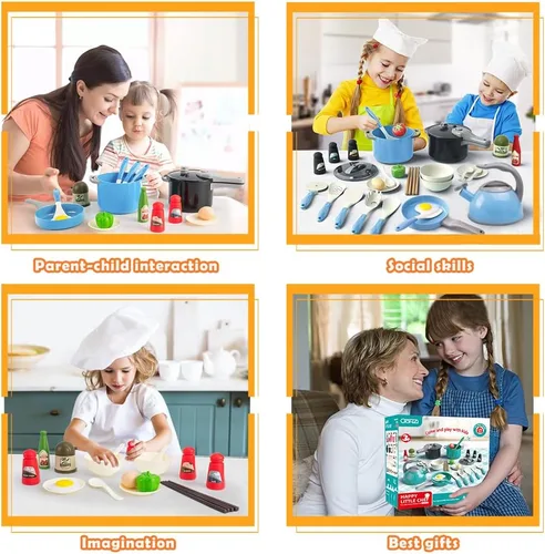 Miniatura 8 de Bruvoalon Juego de 32 juguetes de cocina para niños, accesorios de cocina con ollas, sartenes, utensilios de cocina, alimentos, verduras enlatadas