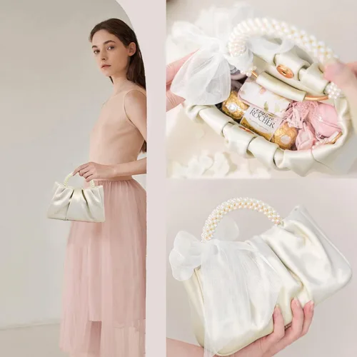 Miniatura 7 de Beatfull Bolso de noche para mujer, bolso de mano pequeño con perlas de cuero suave, bolso fruncido para boda, novia, fiesta, baile de graduación