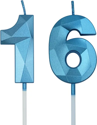 Miniatura 10 de Velas de cumpleaños número 16 y 61 para tartas, velas plateadas con forma de diamante 3D, decoración de cumpleaños, suministros de fiesta para Plata