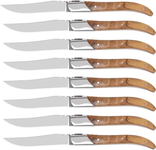 Miniatura 12 de LUVCOSY Juego de cuchillos para carne estilo Laguiole de 6, juego de cuchillos para carne sin dientes con mango de madera de olivo, cuchillos