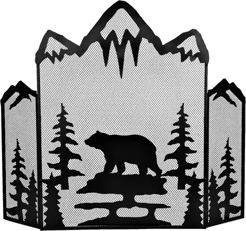BestGiftEver Pantalla decorativa para chimenea de 3 paneles con un majestuoso oso de montaña, cubierta de chimenea independiente de malla metálica,